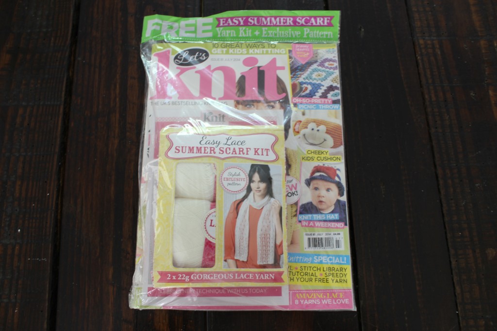 Here is what you get in the mail every month. The magazine and a yarn kit including a pattern and yarn. This is the July issue.
