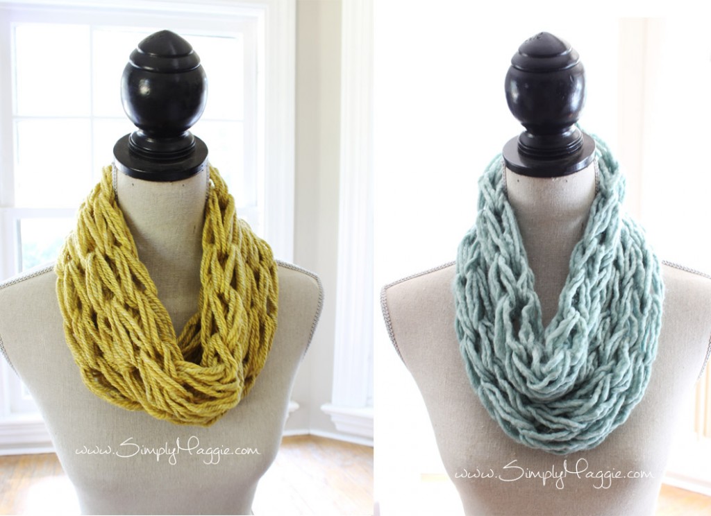 How to arm knit a single wrap infinity scarf in 20 minutes with Simply Maggie. www.SimplyMaggie.com